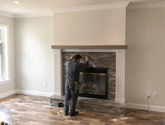 Beachwood Chimney Sweep finishing a custom fireplace install in Beachwood, OH
